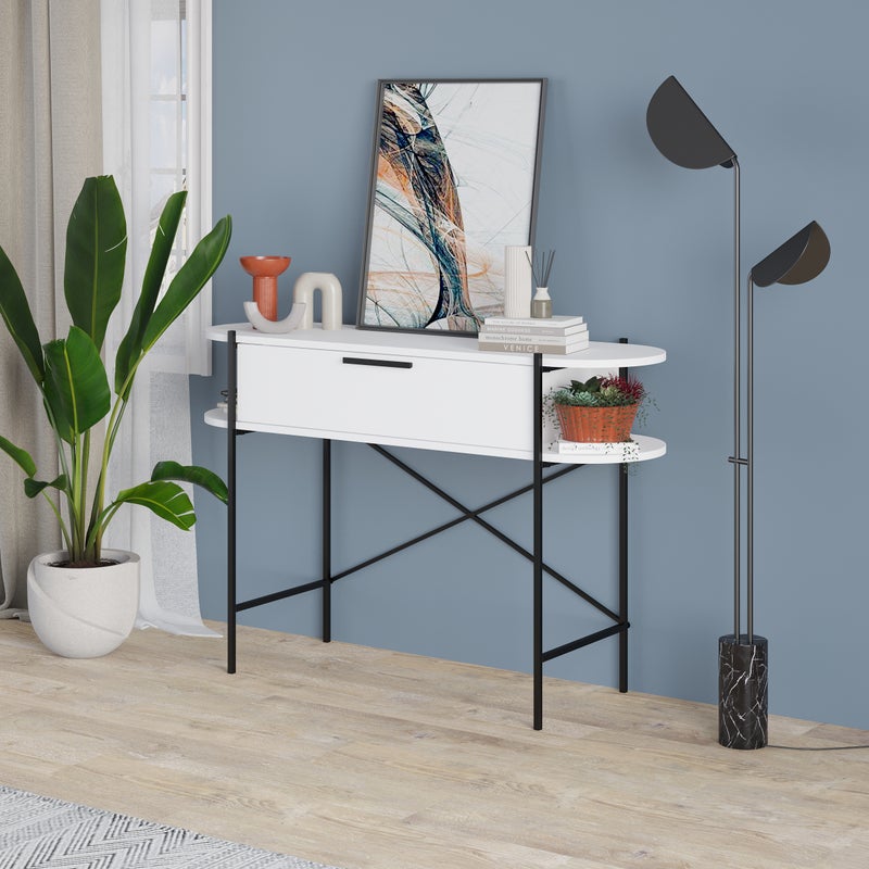 Mourah Home Otis Modern Console Table With Drawer & Open Shelves â€“ Metal Frame Entryway Table For Living Room, Hallway & Bedroom- White- 2 Years Warranty - Image 1